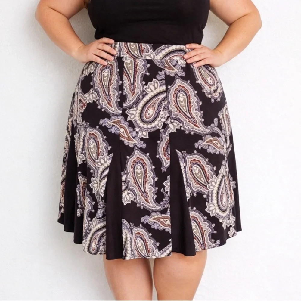 Sami & Jo black green paisley print pleated stretch a-line skirt size XL